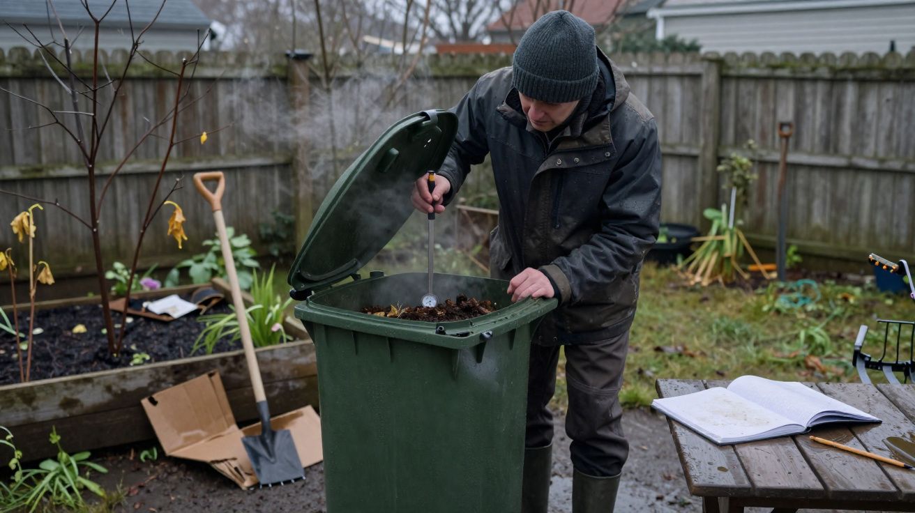 Pessoa a verificar a temperatura do composto numa lixeira verde no jardim num dia cinzento.