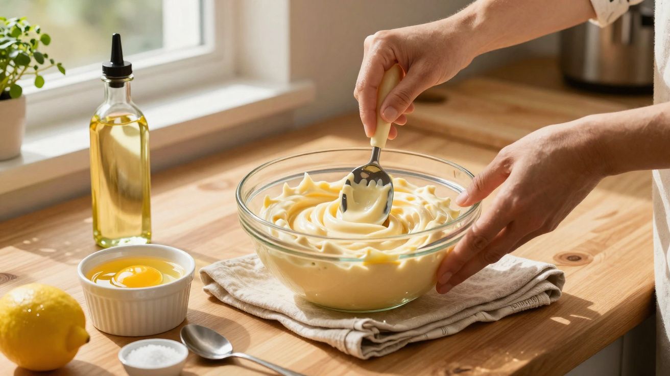 Pessoa misturando maionese caseira numa taça de vidro numa bancada de cozinha com limão, ovo e azeite à vista.