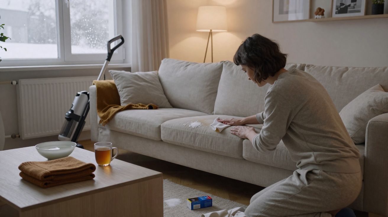 Mulher a limpar mancha branca no sofá numa sala com janela, mesa e aspirador ao fundo.