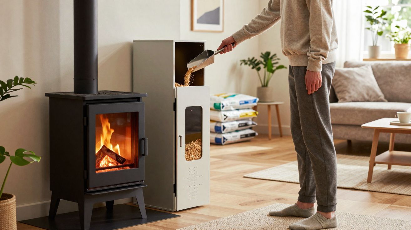 Pessoa a carregar pellets numa caldeira junto a uma salamandra acesa numa sala moderna e confortável.