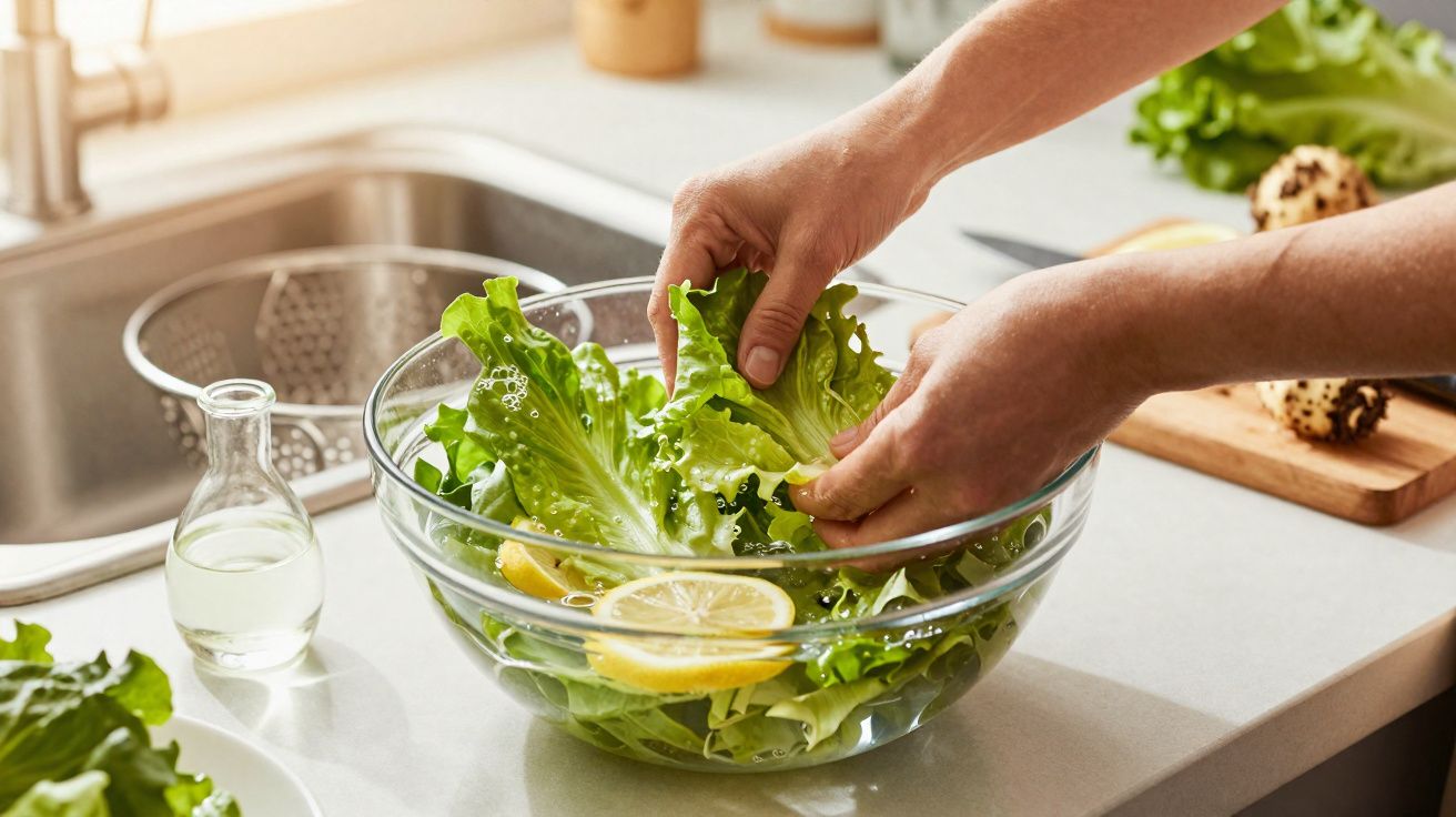 Mãos lavam folhas de alface numa tigela de vidro com água e rodelas de limão numa cozinha clara.
