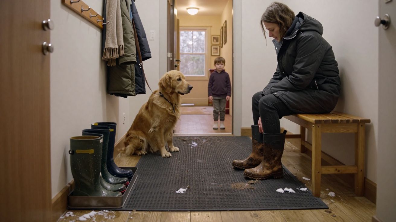 Mulher sentada num banco no corredor, um cão sentado à sua frente e uma criança ao fundo.