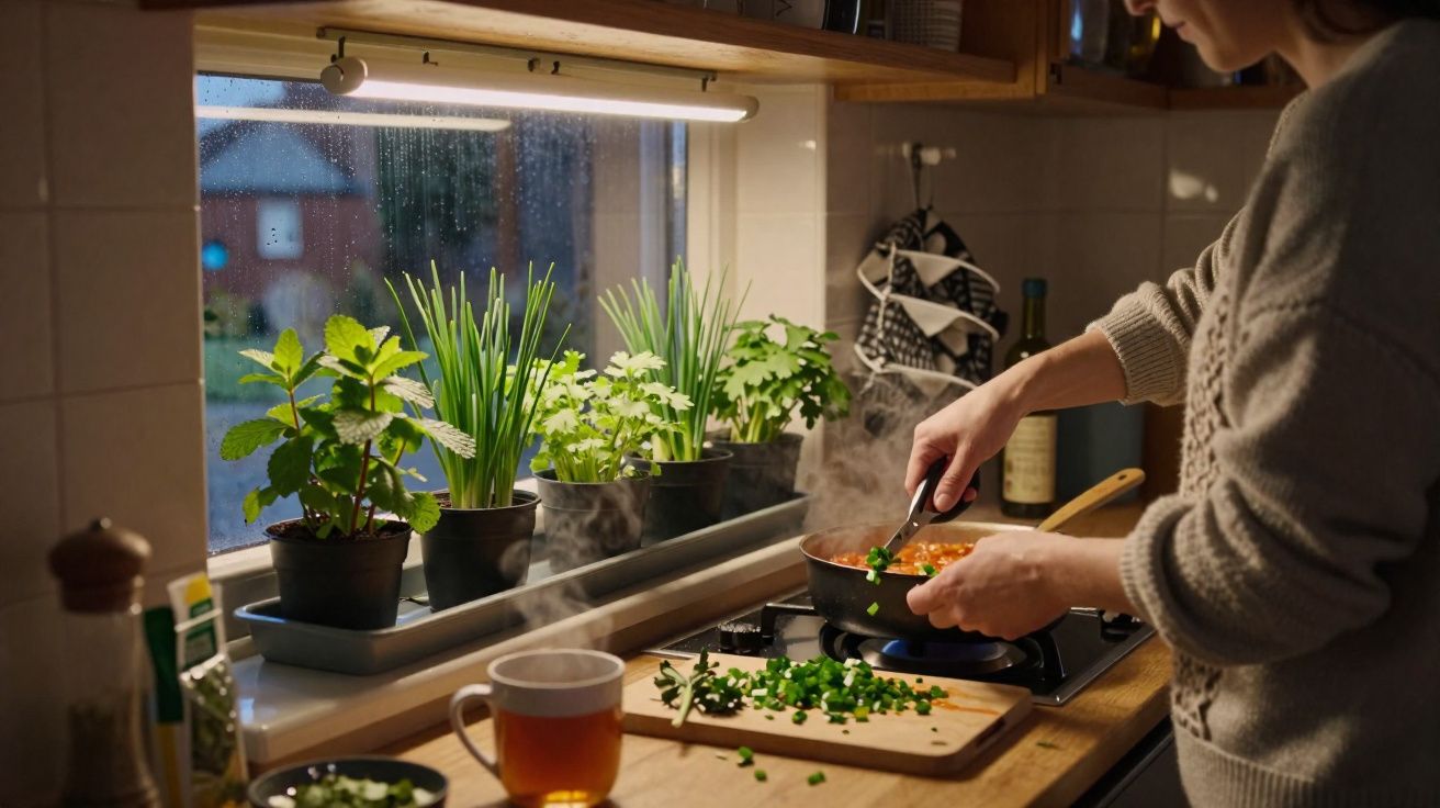 Pessoa a cozinhar numa cozinha com plantas aromáticas junto à janela numa tarde chuvosa.