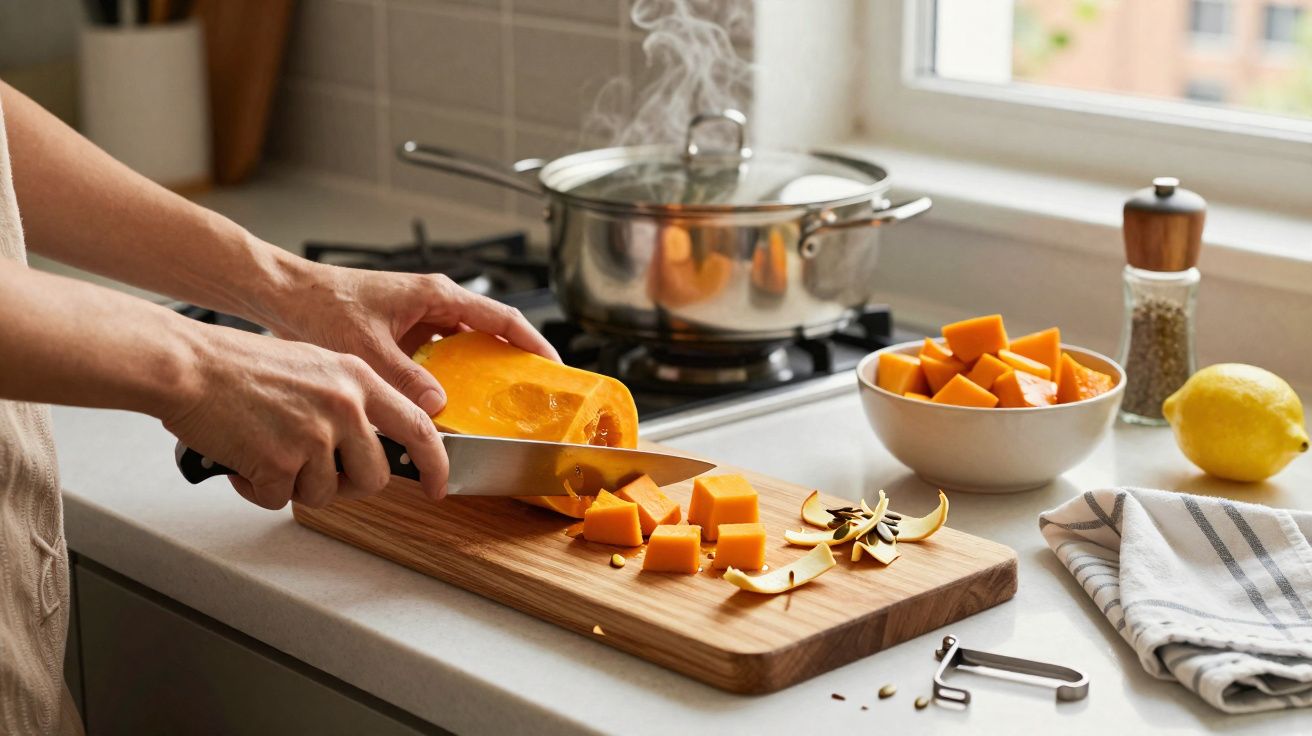 Pessoa a cortar abóbora em cubos numa tábua na cozinha com panela a vapor ao fundo.