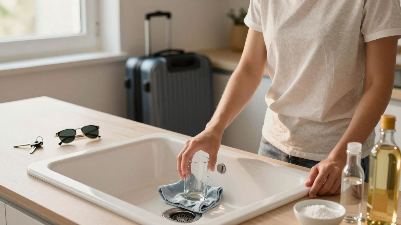 Pessoa a lavar um copo numa cozinha, com malas, óculos, chaves e condimentos na bancada.