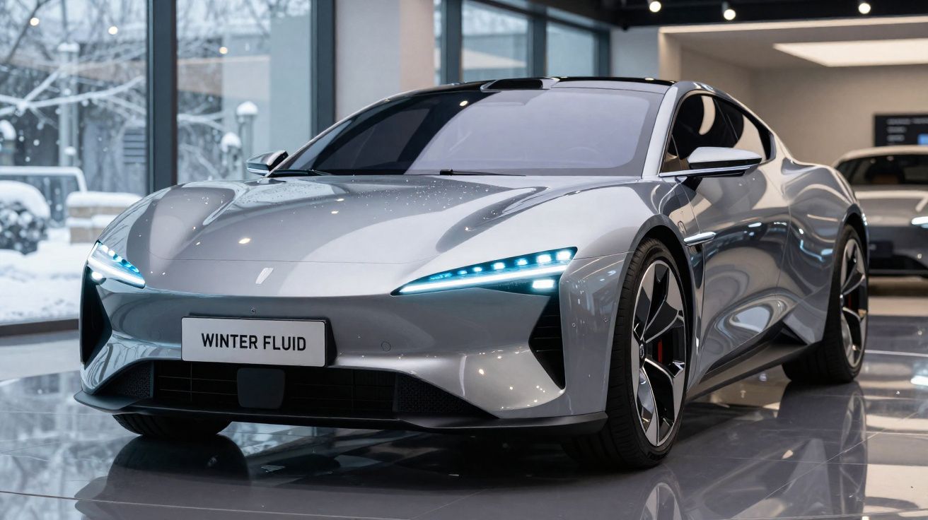 Carro desportivo elétrico cinzento claro em exposição numa sala com janelas grandes, com luzes dianteiras azuis.