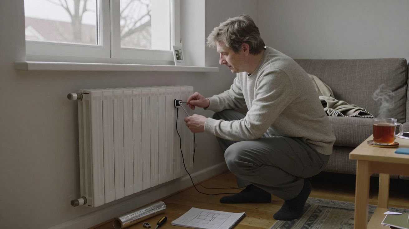 Homem a instalar sensor num radiador junto a uma janela numa sala com sofá e mesa.