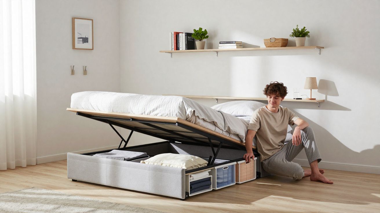 Jovem sentado ao lado de cama com arrumação interior aberta em quarto minimalista e luminoso.