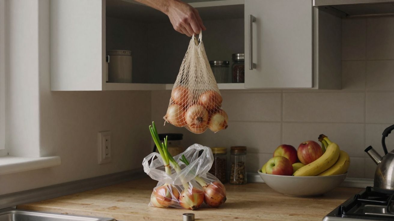 Mão a guardar cebolas em rede dentro de armário numa cozinha com frutas e vegetais em bancada de madeira.