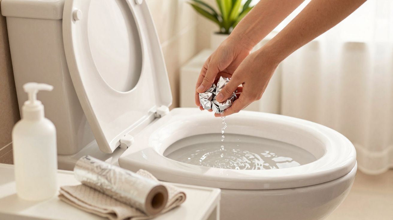 Mãos a deitar papel húmido no interior de um sanitário branco aberto numa casa de banho iluminada.
