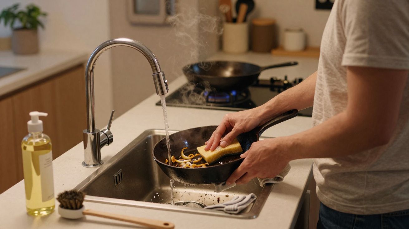Pessoa a lavar frigideira com esponja na bancada da cozinha com torneira a correr e prato a fumegar ao fundo.