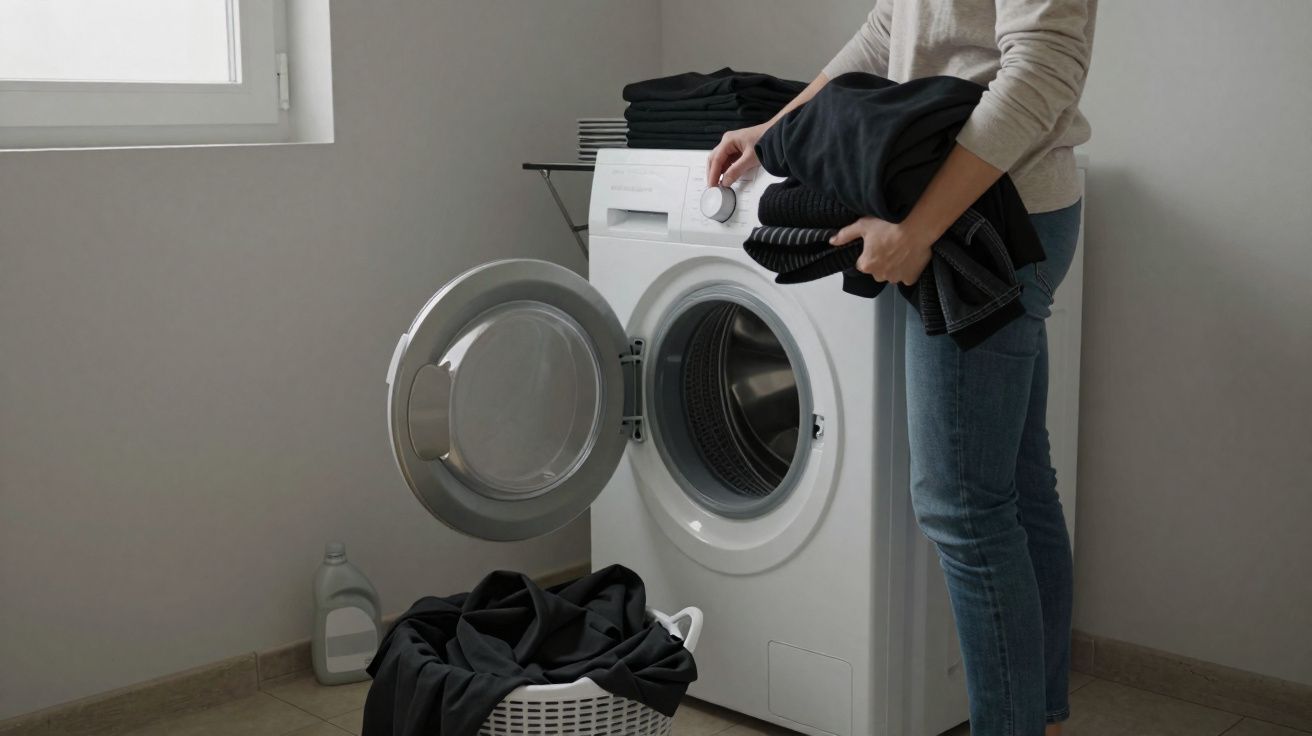 Pessoa a carregar roupa preta numa máquina de lavar roupa branca numa divisão luminosa.