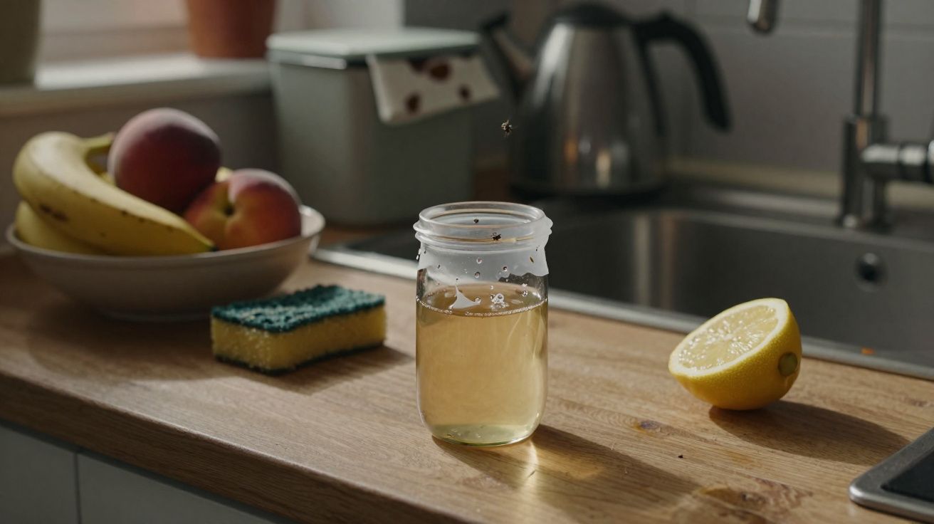 Frasco com líquido amarelo, metade de limão, esponja azul e amarelo e frutas numa bancada de cozinha.