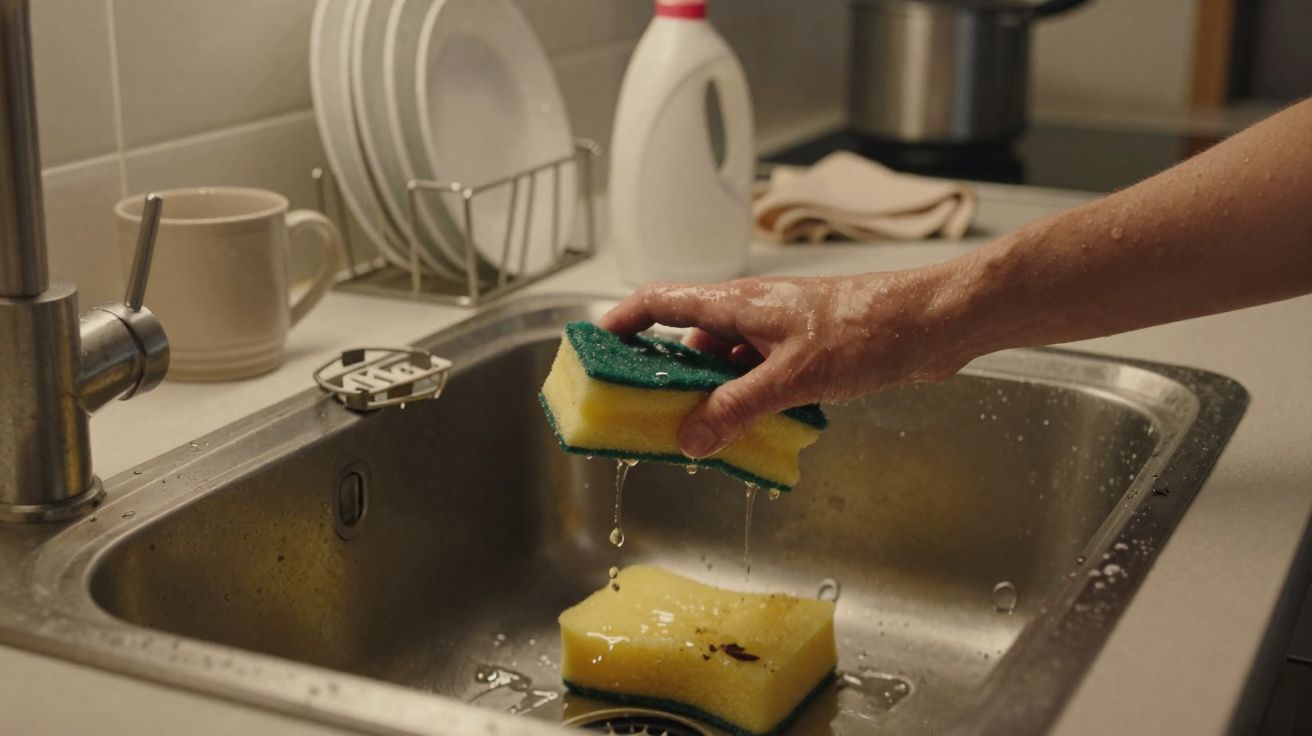 Mão com esponja a lavar louça numa pia de cozinha com utensílios e detergente ao fundo.
