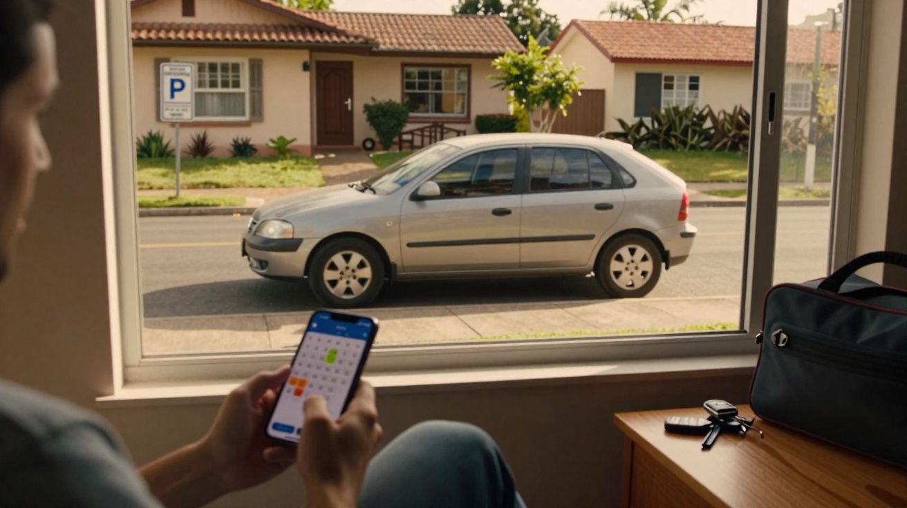 Homem sentado junto a janela a usar telemóvel, com carro estacionado à frente e chave sobre móvel.