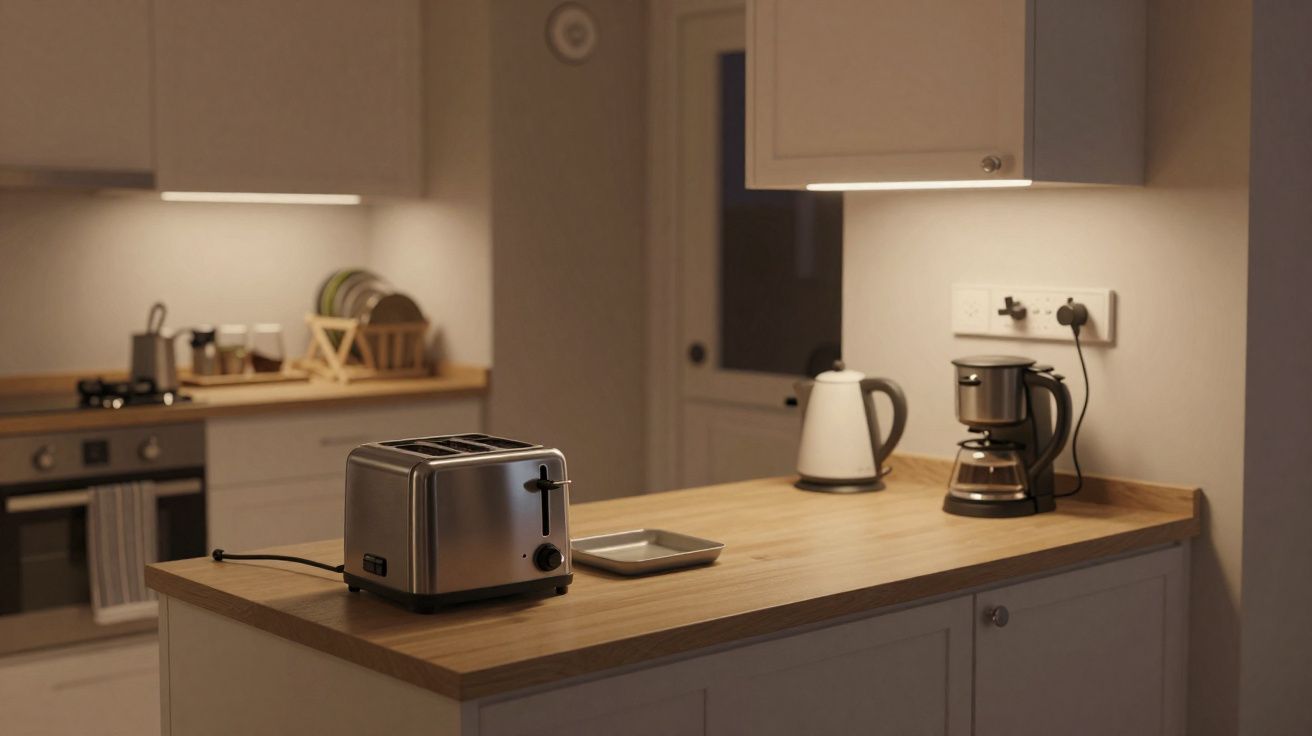 Cozinha moderna com torradeira, chaleira elétrica e cafeteira sobre bancada de madeira iluminada.