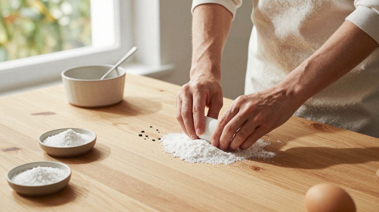 Pessoa a moldar massa com farinha sobre uma mesa de madeira, com pequenos recipientes e um ovo.