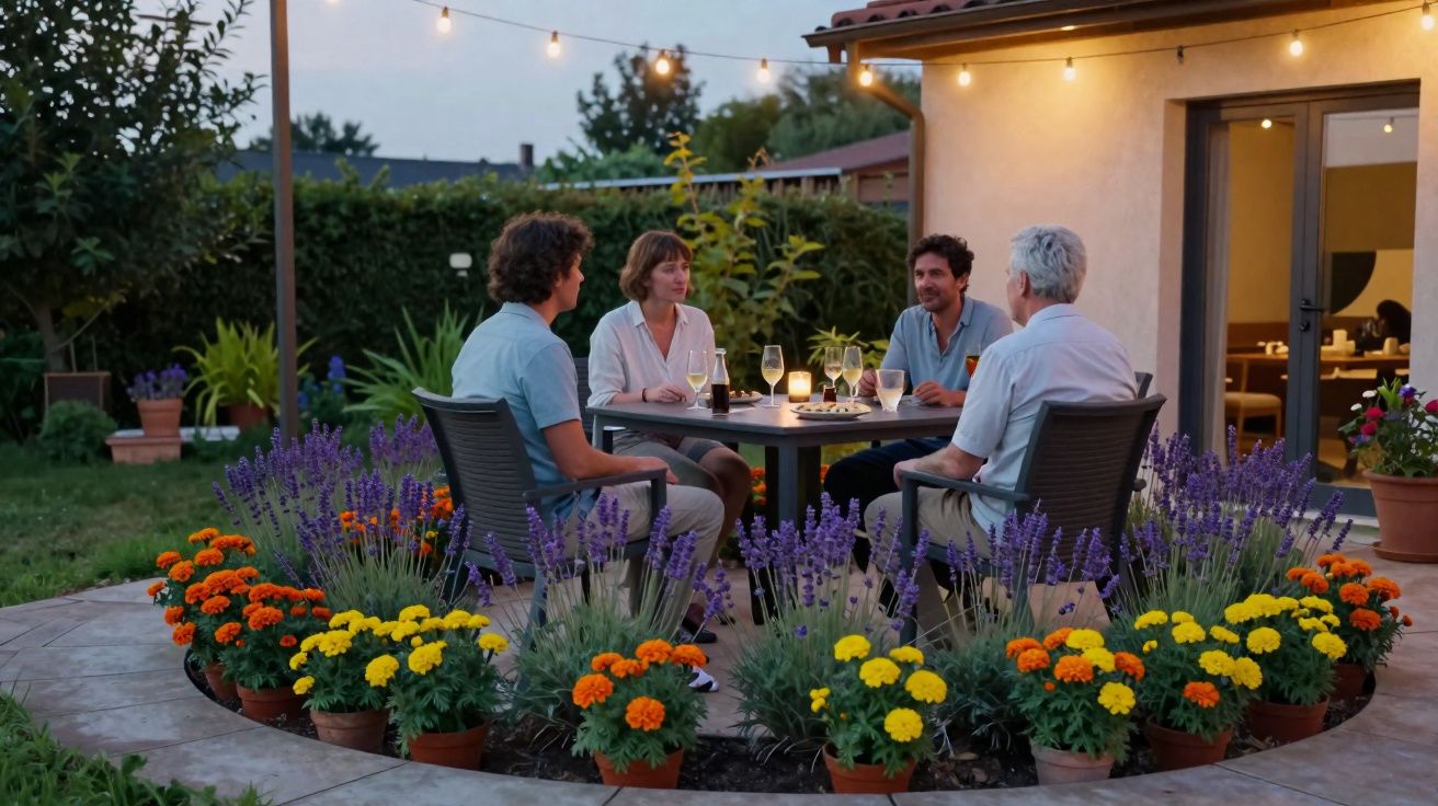Quatro pessoas sentadas à mesa de jantar no jardim ao entardecer, rodeadas de flores coloridas.