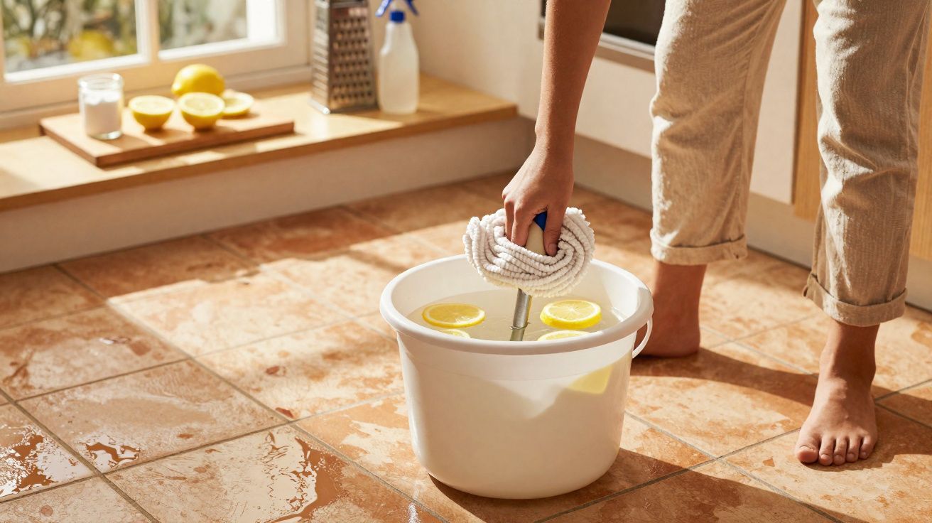 Pessoa a usar um esfregão numa balde com água e limão para limpar o chão de azulejos.