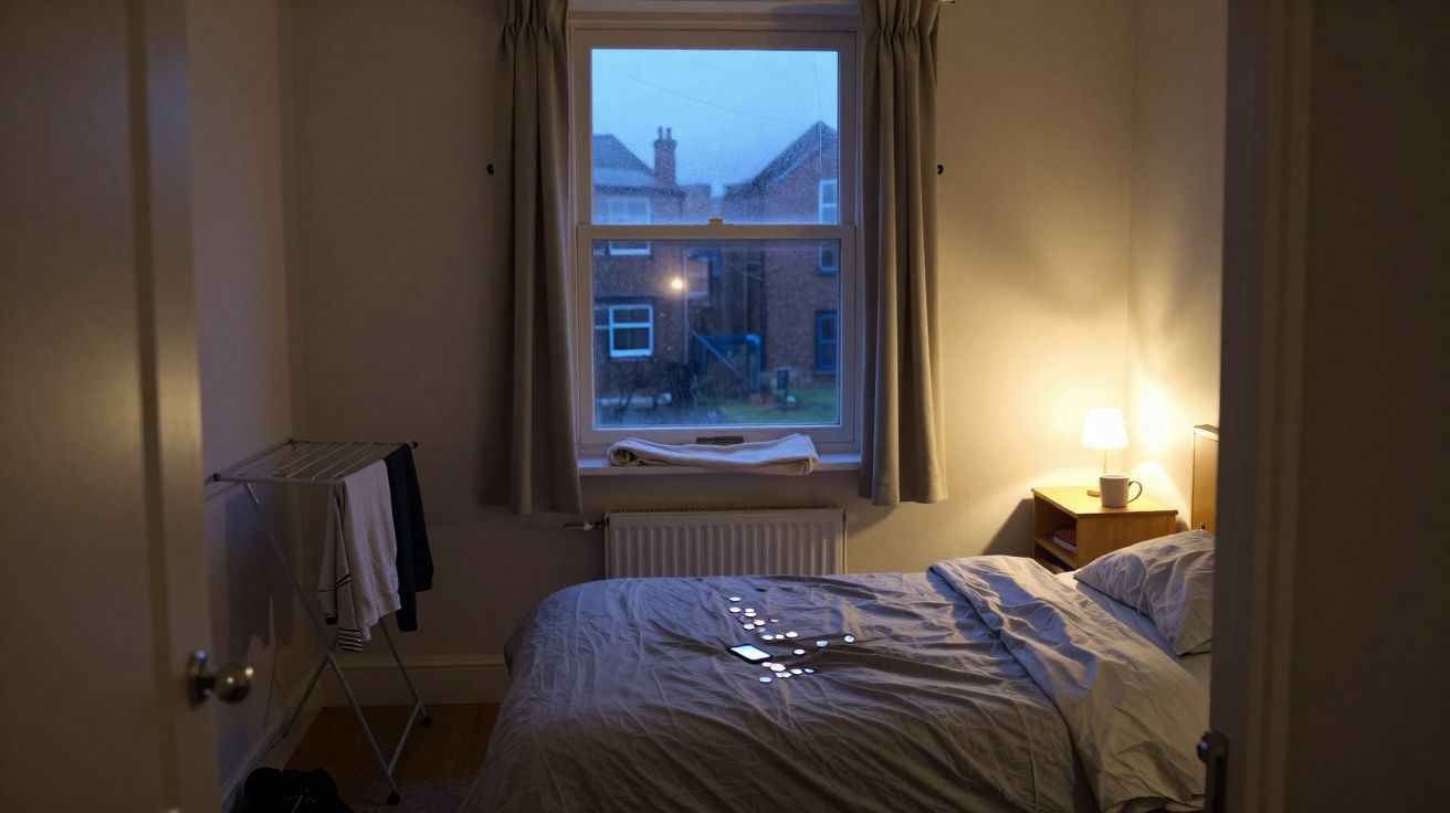 Quarto com janela à chuva, cama desfeita, candeeiro aceso e estendal com roupa interior.