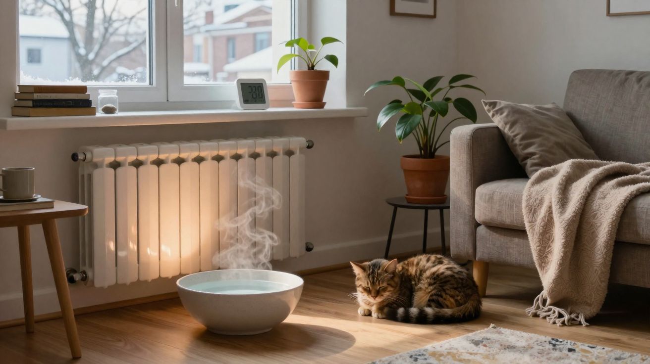 Gato a dormir junto a aquecedor, taça com vapor, planta e sofá numa sala iluminada pela janela.
