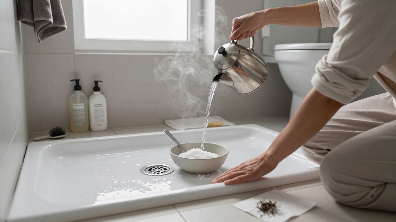 Pessoa a verter água quente de bule metálico numa taça com sal num chuveiro branco.
