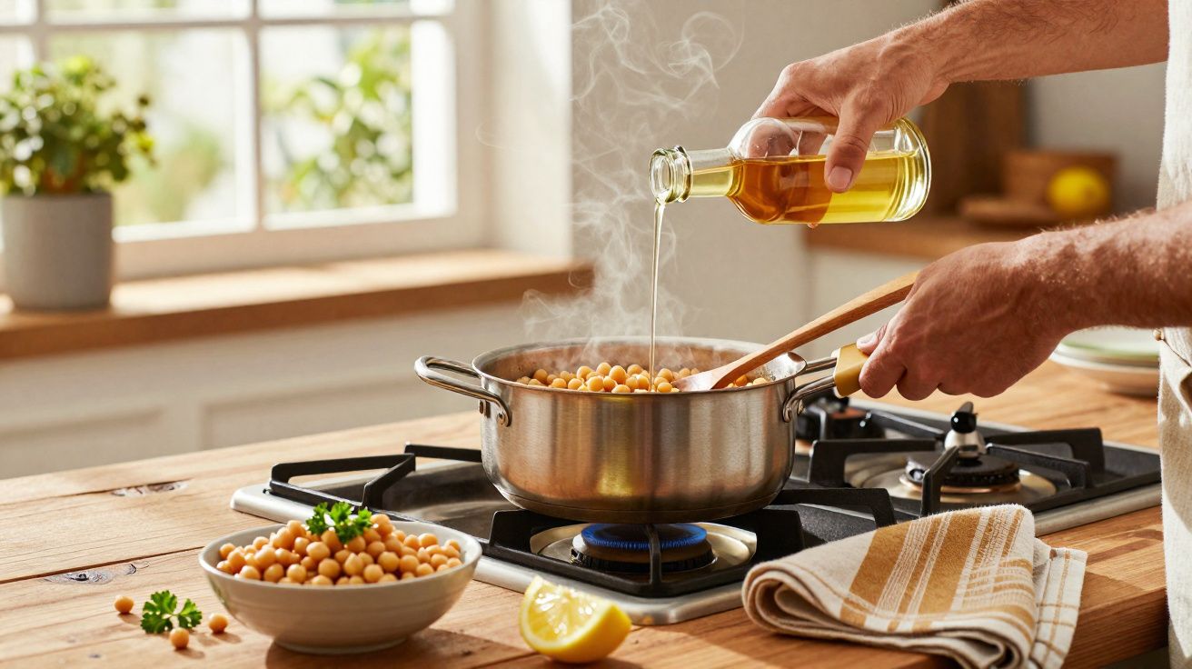 Pessoa a cozinhar grão-de-bico numa panela a ferver, vertendo azeite numa cozinha iluminada.