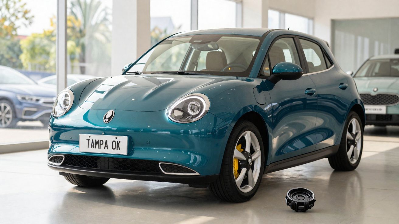 Carro compacto azul moderno em exposição numa sala luminosas com piso polido.