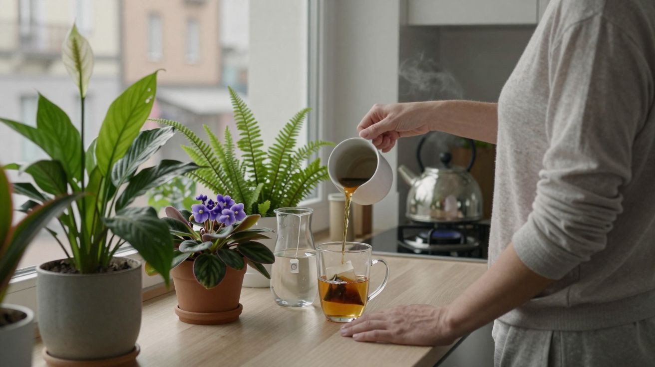 Pessoa a servir chá numa chávena numa cozinha com plantas decorativas ao lado da janela.