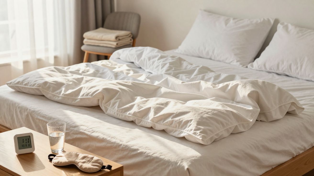Cama desfeita com lençóis brancos, almofadas, máscara de dormir, vidro de água e relógio digital.