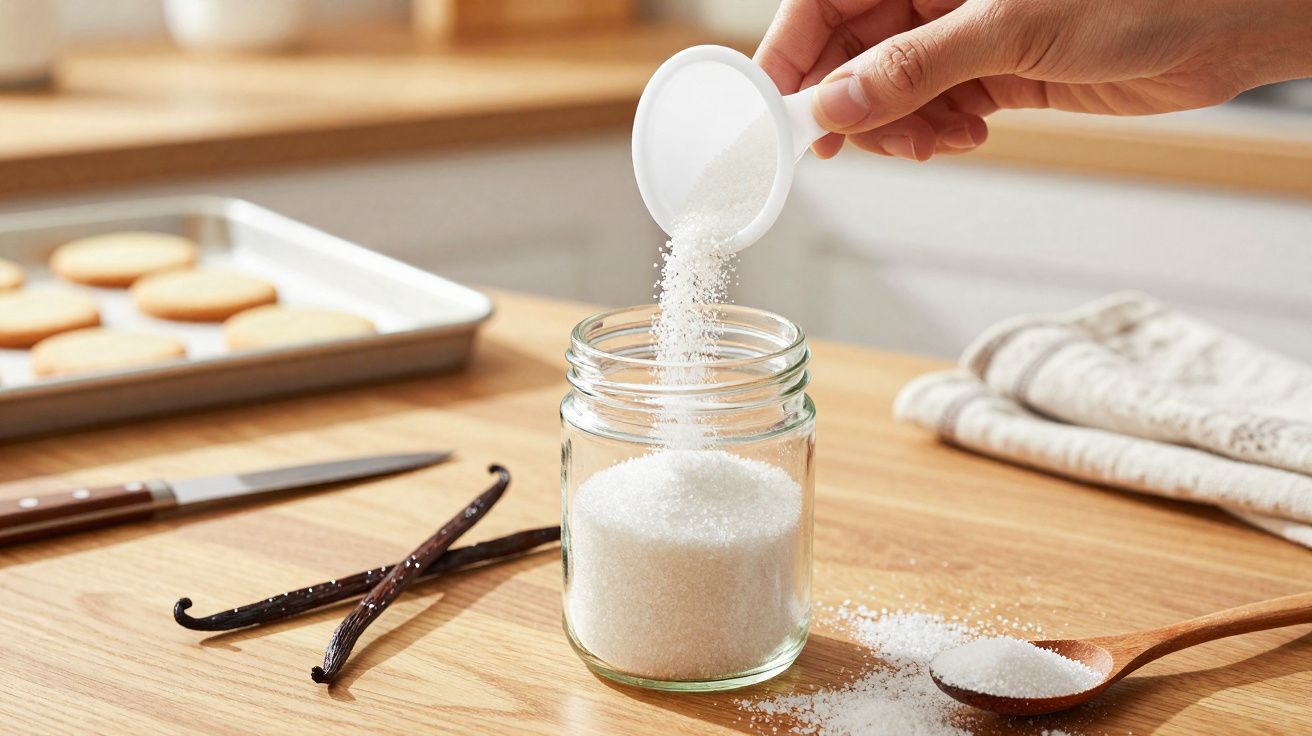 Mão a deitar açúcar para um frasco de vidro numa mesa de madeira, com vagem de baunilha e biscoitos ao fundo.