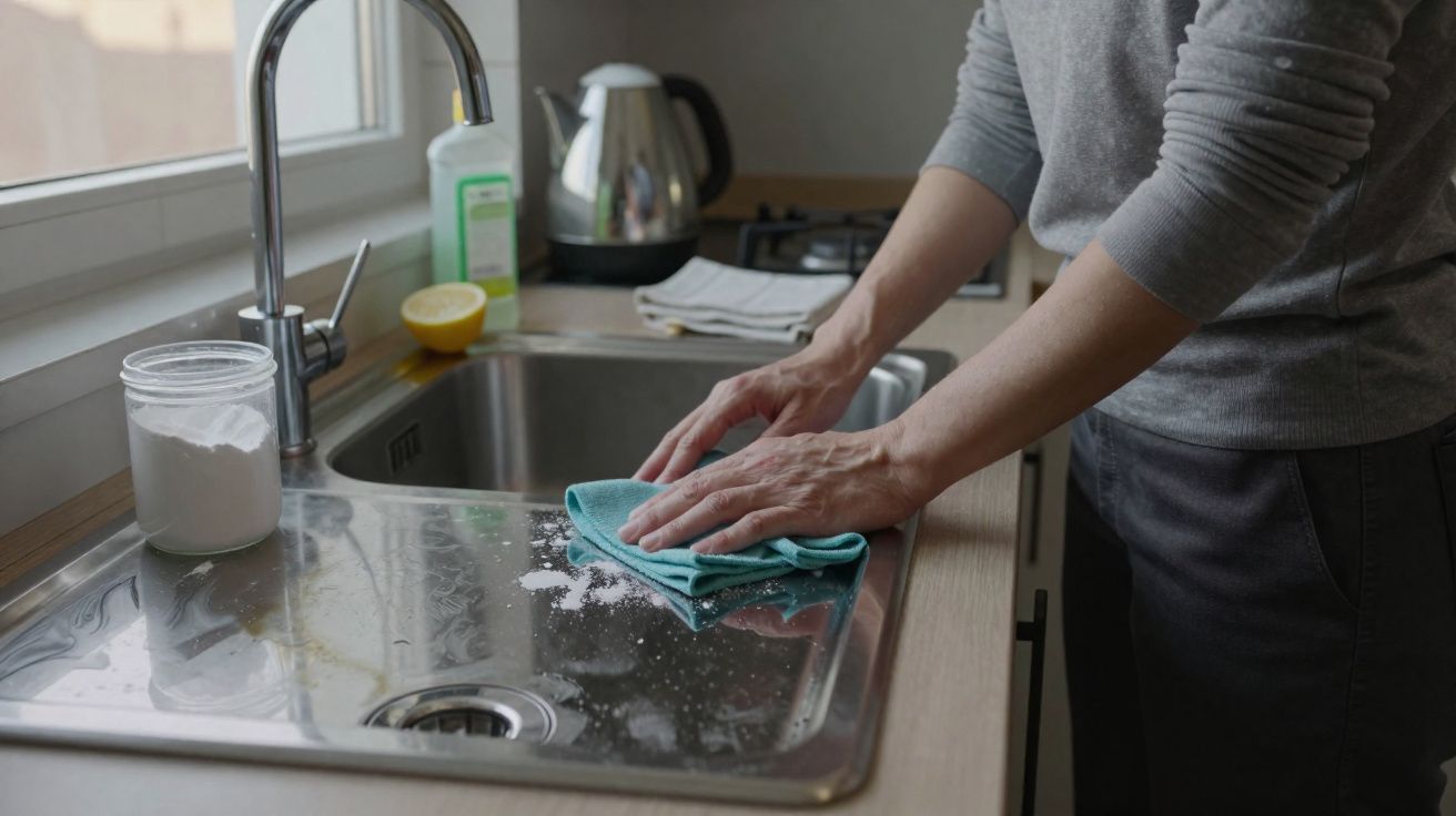 Pessoa a limpar a cuba da cozinha com um pano azul após usar bicarbonato de sódio.
