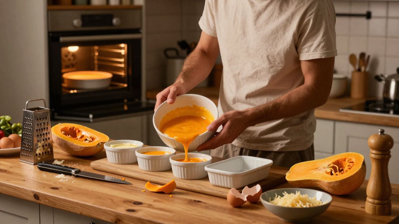 Pessoa a preparar creme de abóbora em tigelas na cozinha com forno aceso e utensílios na bancada de madeira.