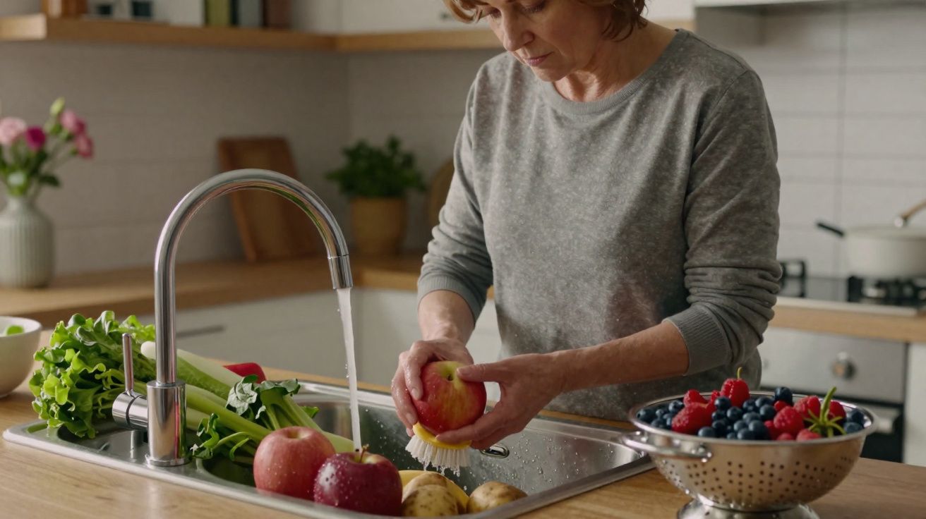Mulher a lavar maçã na cozinha com frutas e legumes frescos ao redor da pia.