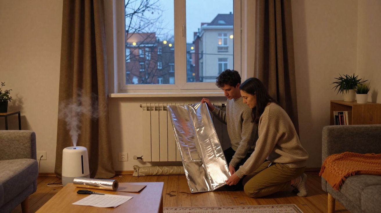 Casal sentado no chão de uma sala a preparar isolamento térmico com papel alumínio junto a uma janela.