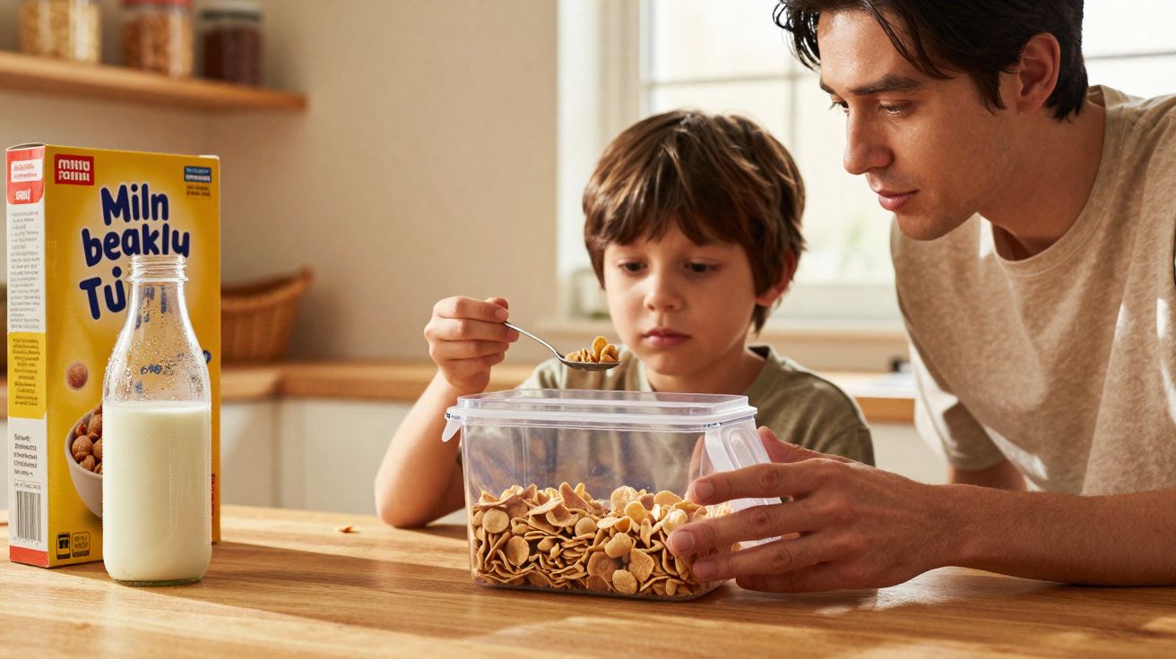 Criança a comer cereais numa tigela transparente com adulto ao lado e caixa de cereais com leite sobre a mesa.