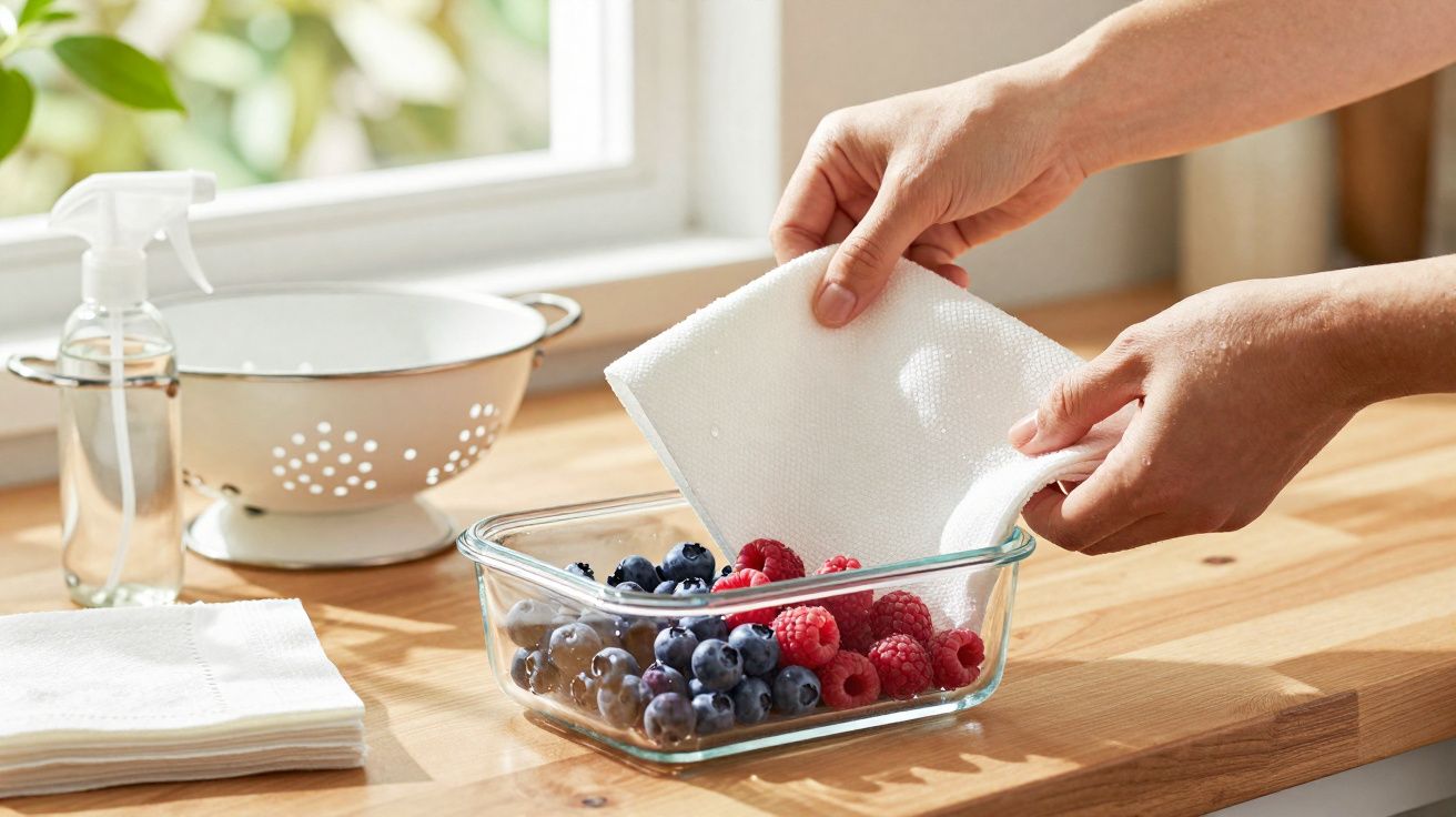 Mãos a secar mirtilos e framboesas num recipiente de vidro com papel absorvente numa cozinha iluminada.