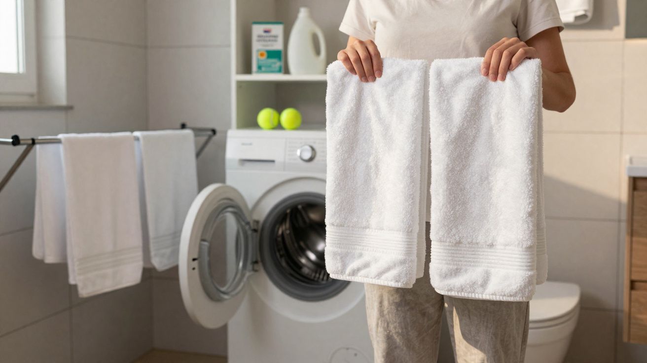 Pessoa a segurar duas toalhas brancas num lavandaria com máquina de lavar roupa e toalhas penduradas ao fundo.