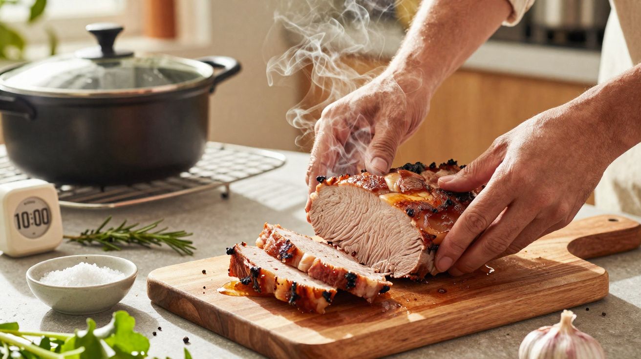 Mãos a cortar um pedaço de carne assada fumegante numa tábua de madeira numa cozinha ensolarada.
