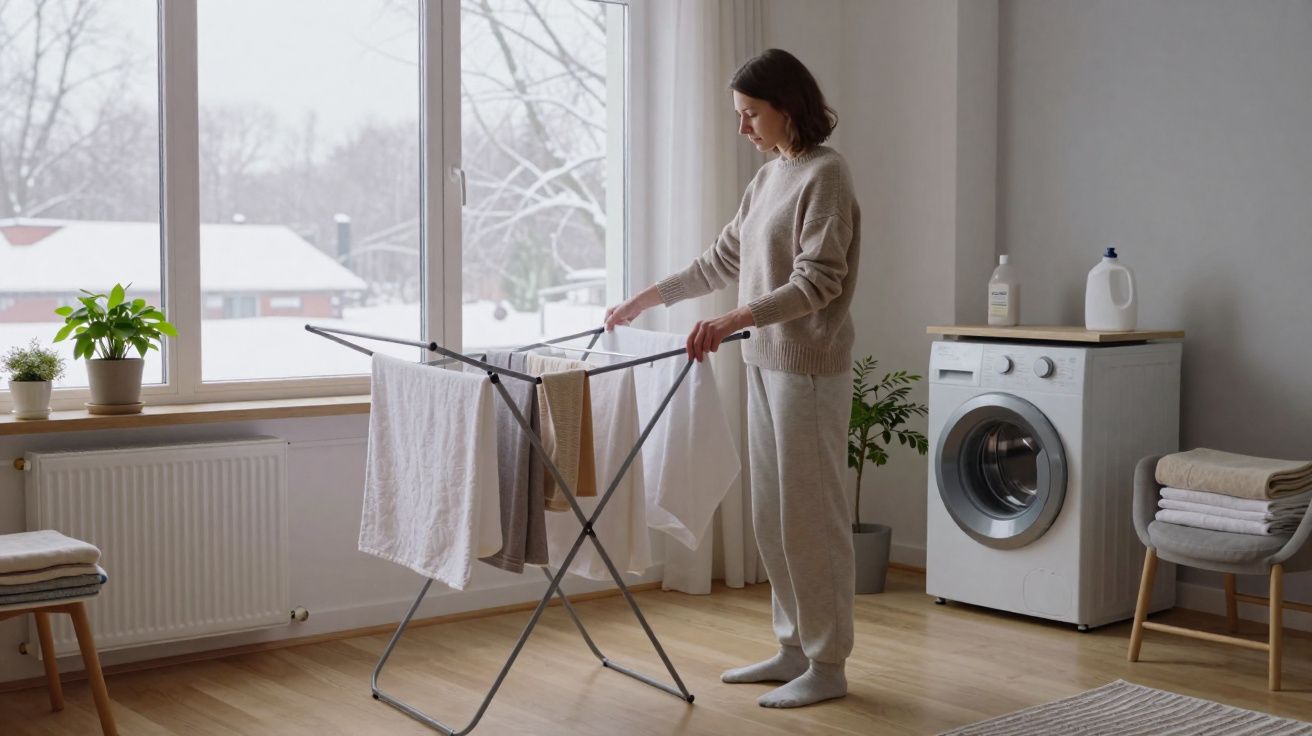 Mulher estende roupa num estendal interior junto a janela, num ambiente luminoso e acolhedor.