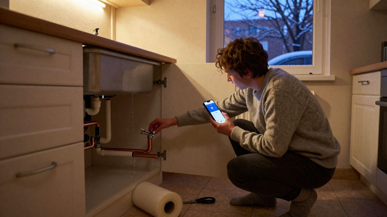 Pessoa verifica torneira a pingar sob lava-loiças na cozinha, segurando telemóvel com app aberta.