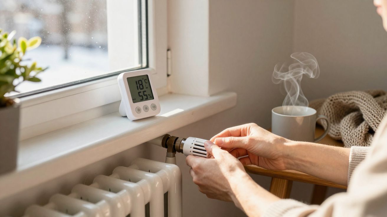 Mãos regulando termóstato de radiador junto a janela com termómetro digital e chá fumegante numa sala acolhedora.