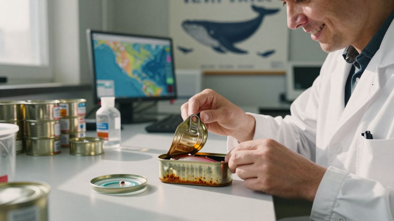 Homem de bata branca a abrir lata de peixe num laboratório com latas e computador ao fundo.