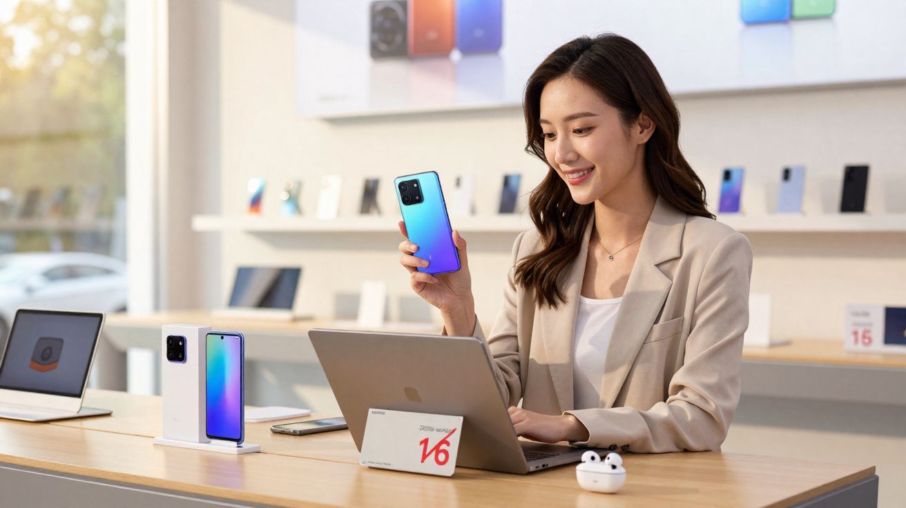Mulher sorridente com smartphone azul perto de portátil e dispositivos eletrónicos numa loja moderna.