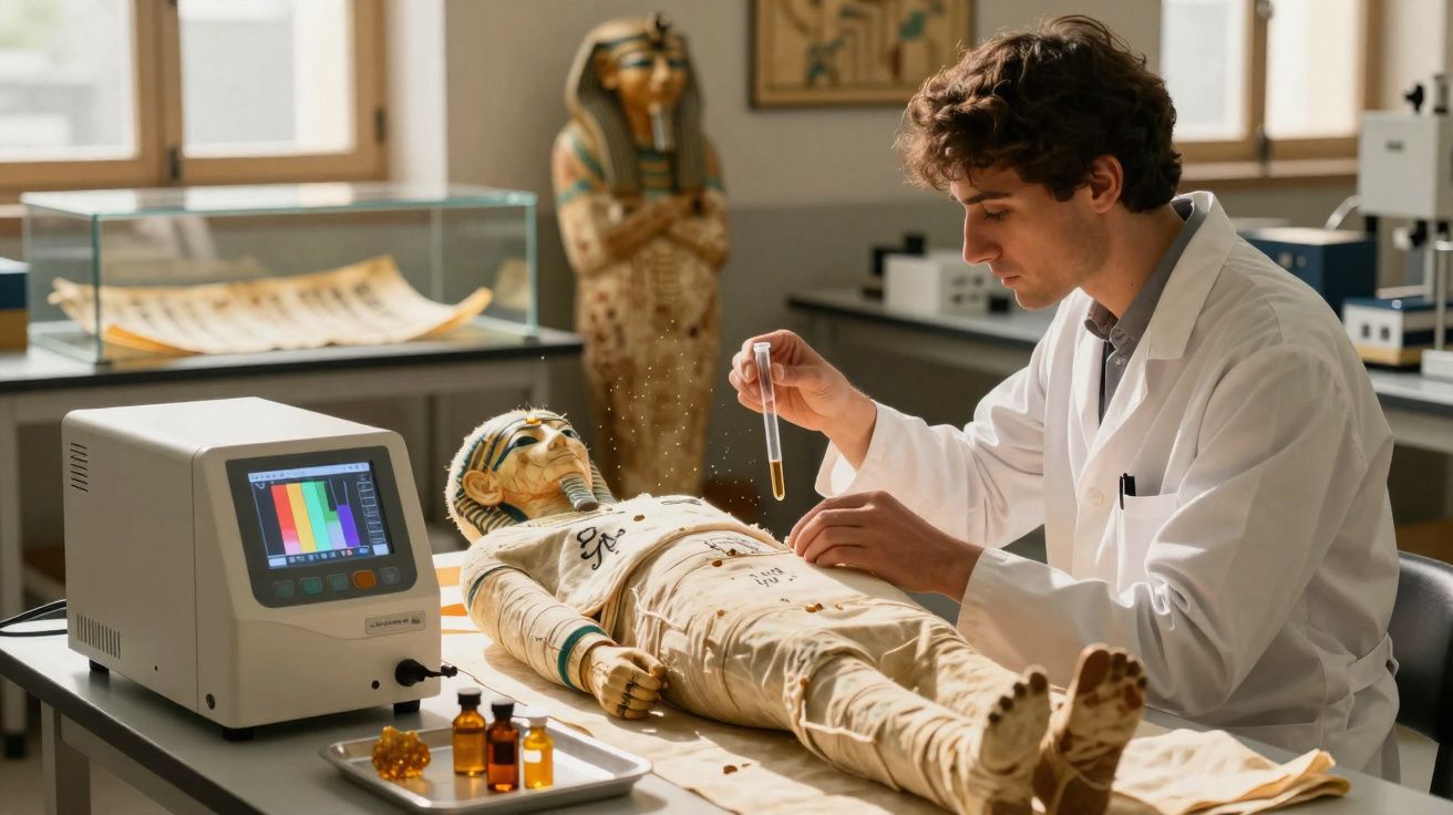 Cientista em laboratório analisa múmia egípcia com equipamento científico e frascos com líquidos.