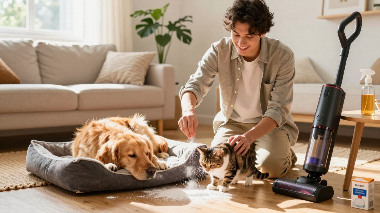 Homem interage com gato enquanto cão dorme em cama, aspirador e frascos numa sala iluminada.