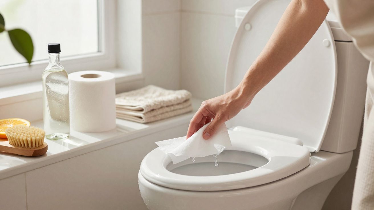 Pessoa a limpar a sanita branca com papel higiénico num banheiro com luz natural.