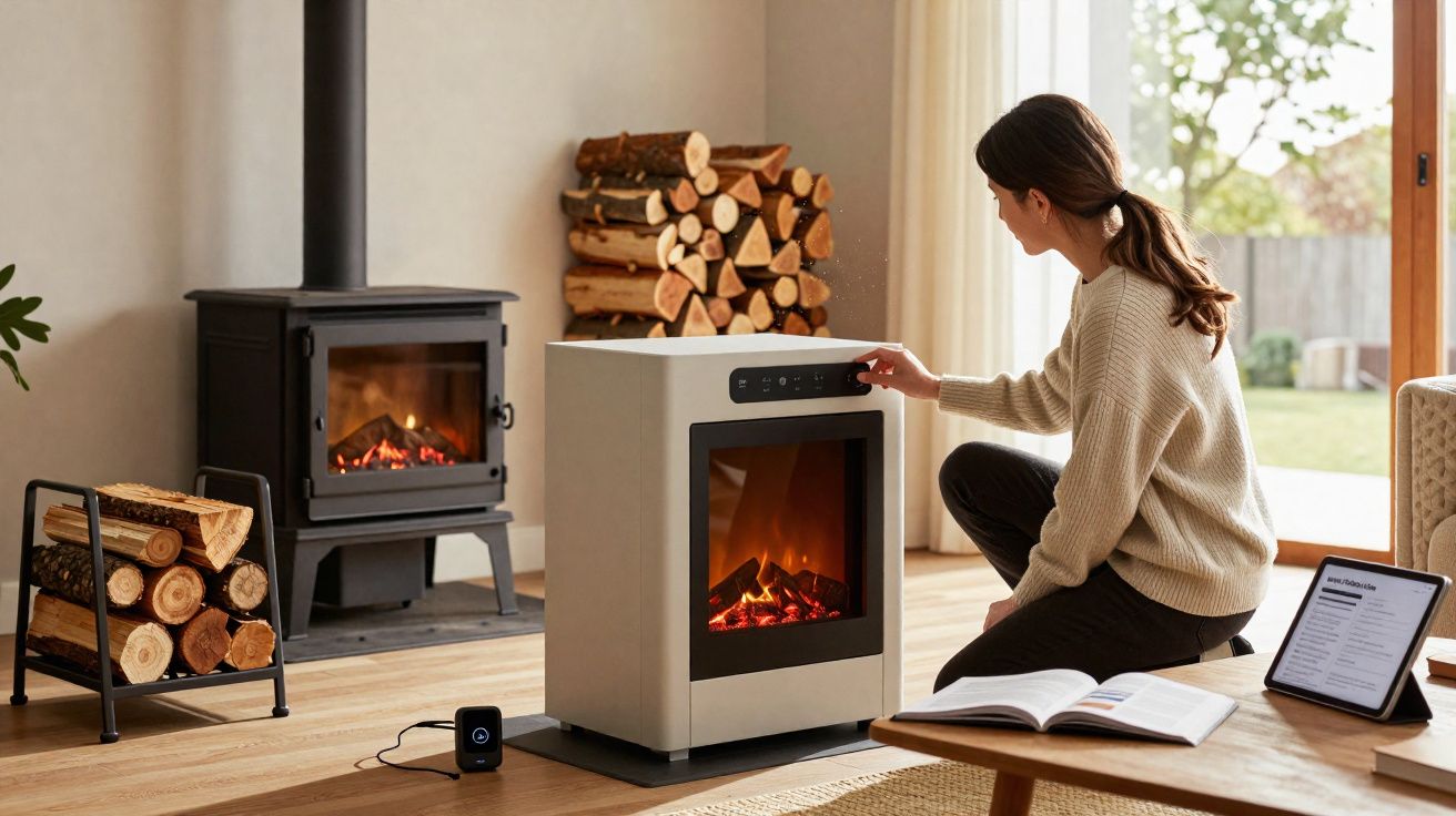 Mulher ajusta aquecedor elétrico portátil em sala com lareira e pilhas de lenha, com tablet e livro na mesa.