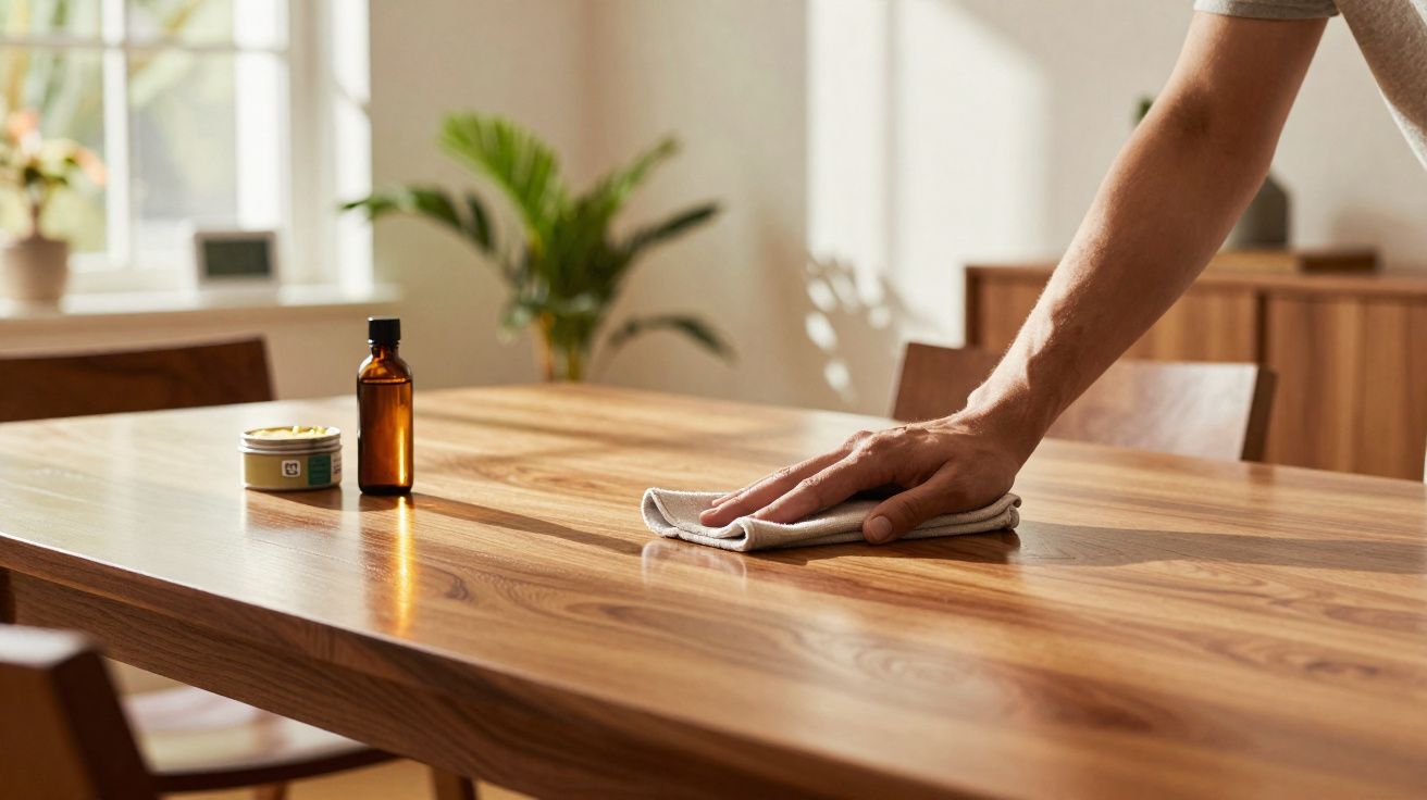Mão a limpar uma mesa de madeira com um pano, num ambiente interior iluminado e plantas ao fundo.