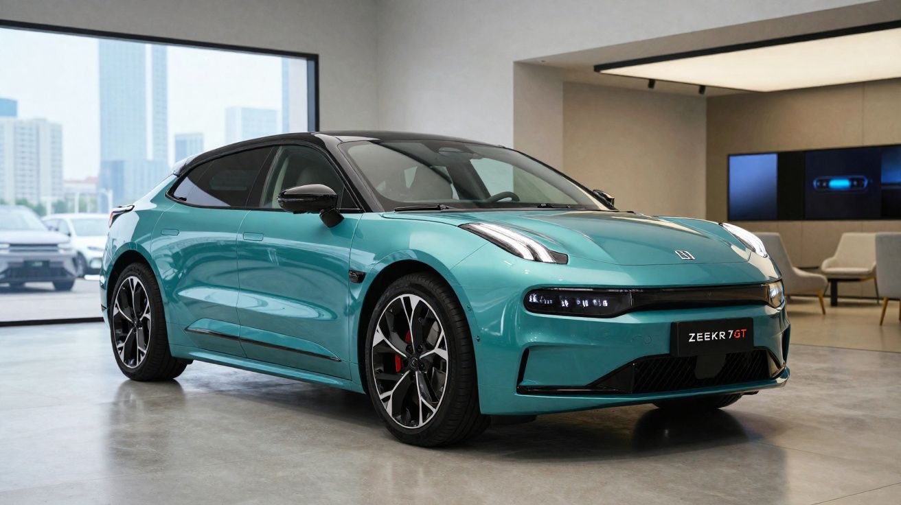 Carro elétrico Zeekr 007 GT azul esverdeado em showroom moderno com grandes janelas e cadeiras ao fundo.